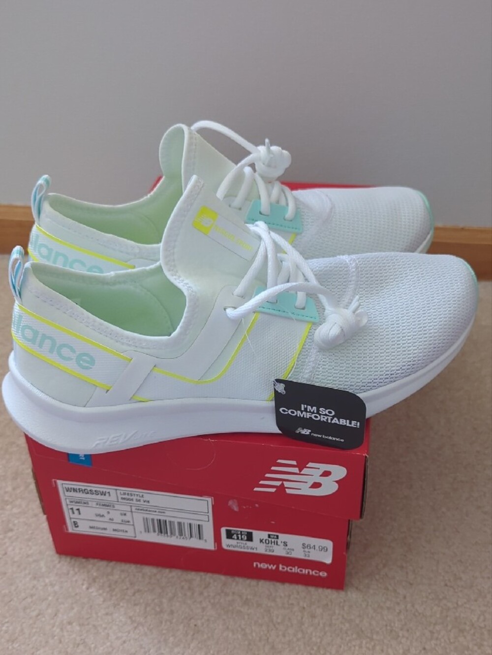 New Balance Women's White Athletic Sneakers with Blue & Yellow - Picture 9 of 11